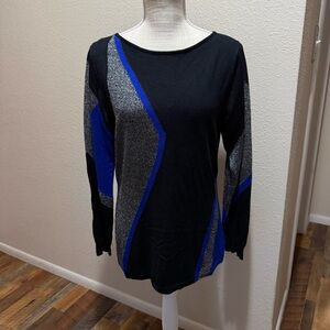 Jones New York Abstract Colorblock Blue/Black/Silver Sweater - Size Large